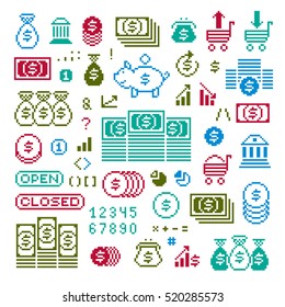 Vector flat 8 bit icons, collection of simple geometric pixel symbols. Digital web signs created in economics and finance concept. 