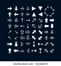 Vector flat 8 bit icons, collection of simple geometric pixel symbols. Simplistic arrows set, digital web signs.