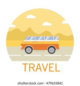   Vector flat about a landscape the van and an inscription a travel.Road travel in the van.Design element for a poster about a travel on roads and the nature.  The tourist van for all family.