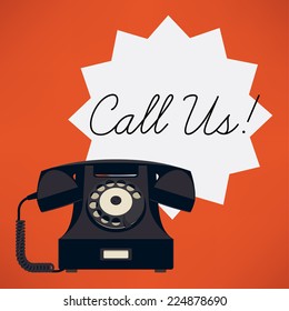 Vector flat abstract background featuring black classic telephone featuring 'Call Us!' title