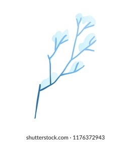 Vector flat abstract blue winter plant with snowcap on leaves. Floral elements for winter holidays design. Hand drawn plants for decoration. Isolated illustration.