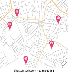 Vector flat abstract city map, with pin pointers, geotag marker