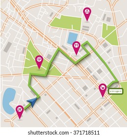 Vector flat abstract city map with pin pointers, navigation route and infrastructure icons