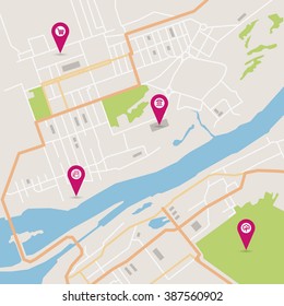 Vector Flat Abstract City Map With Pin Pointers And Infrastructure Icons