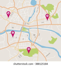 Vector Flat Abstract City Map With Pin Pointers And Infrastructure Icons