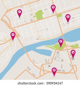Vector flat abstract city map with pin pointers and infrastructure icons