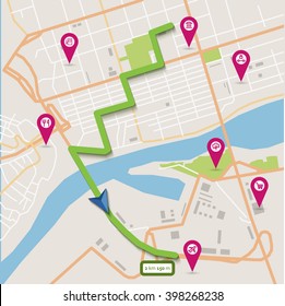 Vector flat abstract city map with pin pointers, navigation route and infrastructure icons