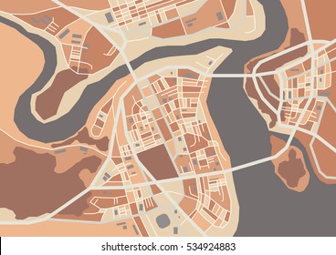 Vector flat abstract city map, decorative map with colorful areas, dark shades