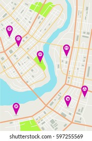 Vector flat abstract city map with pin pointers and infrastructure icons, vertical map