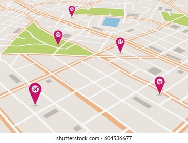 Vector flat abstract city map in perspective, with pin pointers and infrastructure icons
