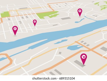 Vector flat abstract city map in perspective, with pin pointers and infrastructure icons