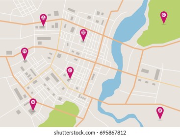 Vector Flat Abstract City Map, With Pin Pointers And Infrastructure Icons