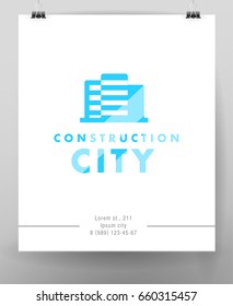 Vector flat abstract construction company brand design blue template. Building urban company, architect bureau insignia, logo illustration isolated on white background. Poster placard hanging mock up.