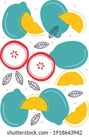 Vector flat abstract fruit set. Ingredients for cooking shape. Cartoon abstract organic summer fruits. Healthy food motivation poster. Ornament for kitchen textile.