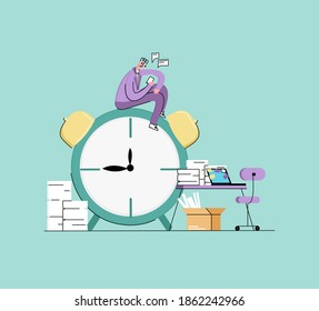 Vector flat abstract illustration concept of procrastination, dependence on gadgets. Worker is shown distracted by social media. He is sitting on enlarged clock. There are lot of unfinished business.