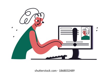 Vector flat abstract illustration concept of doxing, cyber security, software, pwned, antivirus, secure web traffic. Image shows woman who discovered hacking personal page.