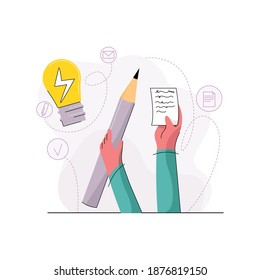 Vector flat, abstract illustration with concept of idea, startup, discoveries, business, filling out documents, voting, signing, office work. Hands holding pencil, piece of paper are depicted.