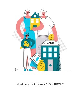 Vector flat abstract illustration of family who bought house with mortgage. At bottom is Bank where man puts coin. Concept of buying home, house, apartment, mortgage, loan, etc.