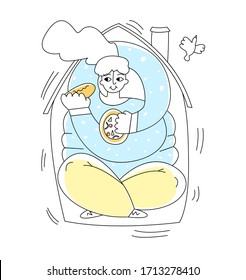 Vector flat abstract illustration of fat woman sitting at home and eating. Concept obesity, problems after self isolation, quarantine. Lines and color are used.