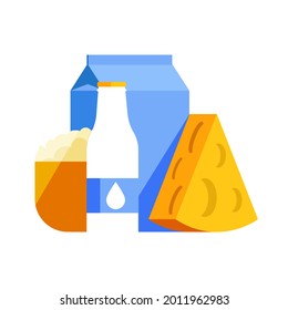 Vector flat abstract illustration with fermented milk products. Cheese, packages of milk, yogurt, a bowl with cottage cheese in minimalism style are depicted. Concept farm, natural, organic products.