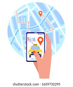 Vector Flat Abstract Illustration With Hand Holding Mobile Phone, It Shows Online Taxi Call, Behind It Is Schematic Map Where There Is Delivery Label. Concept Ordering Taxi From Different Devices.