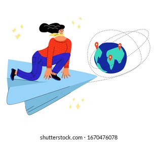 Dibujo abstracto vectorial con mujer feliz en el avión de papel hacia varios puntos en el suelo. Concepto de turismo, transporte aéreo. Se puede utilizar en diseño web, banners, etc.