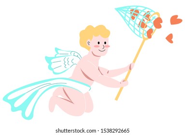 Vector flat abstract illustration with image of cute, happy Cupid who catches flying hearts with butterfly net. The concept of Valentine s Day, love, warm relationship as couple.