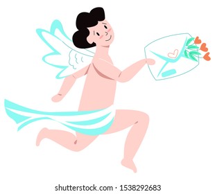 Vector flat abstract illustration with the image of cute, happy Cupid, who is in hurry to give letter with flowers-hearts. Concept of Valentine s Day, love, warm relations in couple.