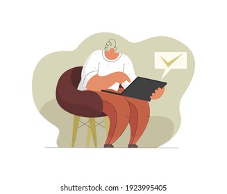 Vector flat abstract illustration with man working at home on laptop, online. Concept remote work, via Internet, shopping online, using devices in life, confirmation document, order, contract.