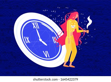 Ilustración abstracta vectorial mujer somnolienta sosteniendo en su mano una taza de café caliente. El reloj ampliado se muestra como señal de un despertar temprano. Concepto de trabajo, insomnio, problemas de sueño
