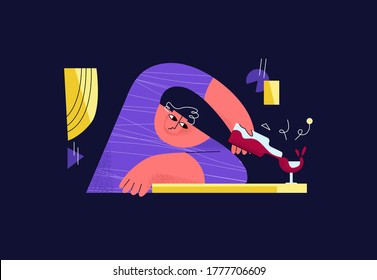 Vector flat abstract linear illustration with drunk man who pours wine into glass. Concept alcoholism, hangover, drinking. It can be used in banners, web design, etc.