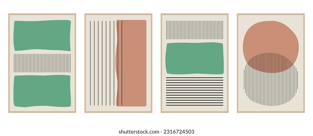 Vector flat abstract posters. Minimalist illustrations in a brown frame with geometric shapes, lines, pastel and green colors. Vintage style. Design for wall decoration, cardboard, poster or brochure.