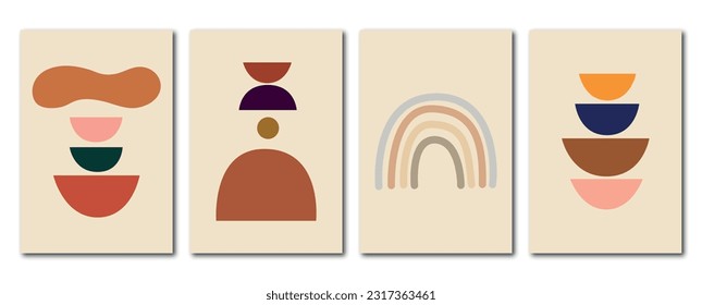 Vector flat abstract posters. Minimalist illustrations with shadow, geometric shapes, lines and pastel colors. In vintage style. Design for wall decoration, cardboard, poster or brochure.