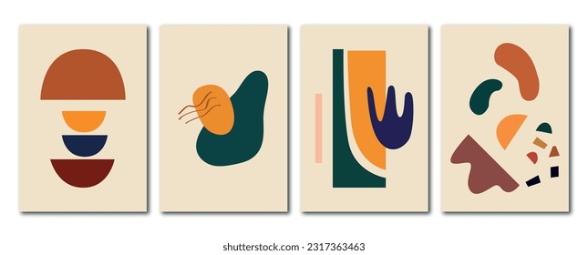 Afiches abstractos de vectores planos. Ilustraciones minimalistas con sombra, formas geométricas, líneas y colores pastel. En estilo vintage. Diseño de pared, cartón, afiche o folleto.
