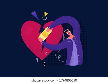 Vector flat abstract young woman who is going through relationship breakup in form of broken heart. She uses band aid to glue two halves together. Concept working on relationships, psychological help.