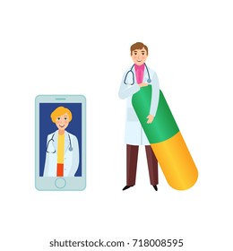 vector flat adult female doctor, head physician in white medical clothing with stethoscope smiling avatar in smartphone, man with huge pill set. Isolated illustration on a white background.