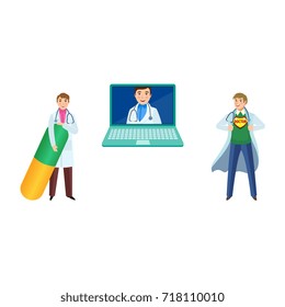 vector flat adult male set doctors, in the hand of a pill, super doctor assistant and a concept medical online consultation on a laptop. Isolated illustration on a white background.