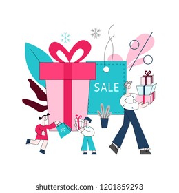 Vector flat adult man, girl and boy kids holding presents, shopping bags with purchases made during store clearance and discounts on background of present box, sale label