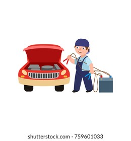 vector flat adult man mechanic in blue uniform holding car battery charger jumper cable clamps going to repair car. Male full lenght portrait caucasian isolated, illustration on a white background.