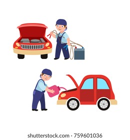 vector flat adult man mechanic in blue uniform in car service set. One person holding car battery charger, another changing engine oil. isolated illustration on a white background