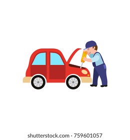 vector flat adult man mechanic in blue uniform holding screwdriver repairing engine in open hood. Male full lenght portrait caucasian isolated, illustration on a white background