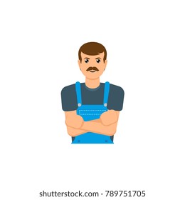 vector flat adult man with mustache, mechanic in uniform with hands crossed smiling. Male portrait caucasian character isolated, illustration on a white background.