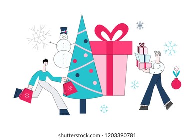 Vector flat adult man and woman running holding presents, shopping bags with purchases made during store clearance and discounts on background of decorated christmas tree, present box, snowman