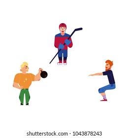 Vector flat adult men doint exercises, sports set. Male characters in casual athletic clothing doing squat, kettlebell workout, man playing ice hockey in protective equipment. Isolated illustration