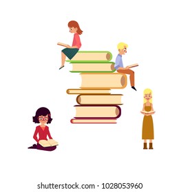 Vector flat adult people reading set. beautiful amazed woman dress reading book, man, girl sitting at book pile with textbook. Isolated illustration white background. Education, library related design