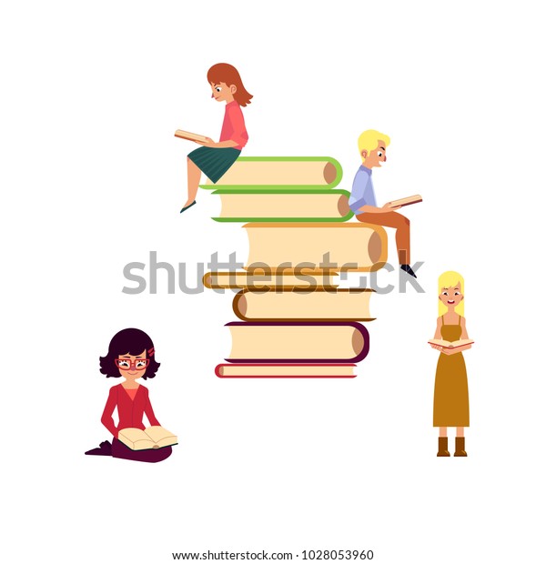 ベクターフラットな成人の人々の読み取りセット 本を読む美しい驚きの女性のドレス 男性 本に座る女の子 教科書の山 白い背景に分離型イラスト 教育 図書館関連のデザイン のベクター画像素材 ロイヤリティフリー