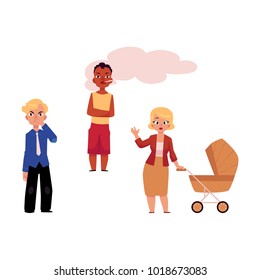Vector flat adult woman annoyed, angry with baby stroller, dissatisfied man in suit pinching nose, african man smoker. Nicotine addiction tobacco passive smoking risk concept. Isolated illustration