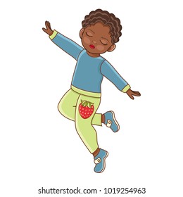 Vector flat african american black boy in casual clothing, denim jeans dancing with eyes closed. Isolated illustration, male child, kid character, white background