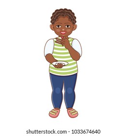 Vector flat african american black boy in casual summer clothing holding plate eating chocolate cake, pie, sweet dessert food. Isolated illustration, male child, kid character, white background