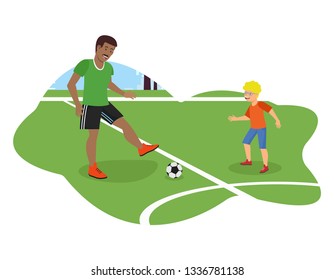 Vector Flat African American Dad Plays Football with Son. Runs Across Field Physical Education Lessons Training Preparation Championship. Spends Weekend with Baby Fun Time Playing Hearty.